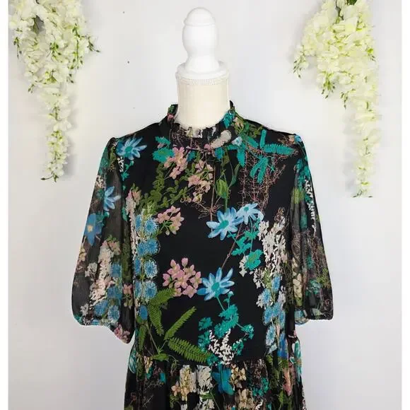 Melonie T Dress Sz 12 Black Floral Chiffon Ruffle Neck Cottage Whimsigoth Fairy - Picture 5 of 14